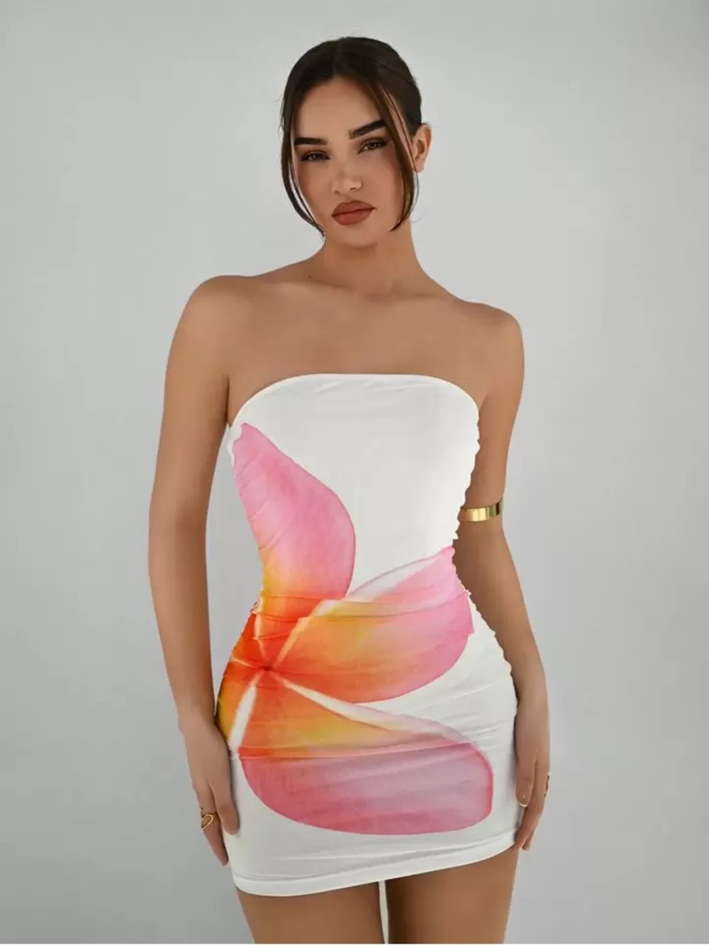 SHEIN White Strapless Bodycon Dress with Pink and Orange Floral Accent